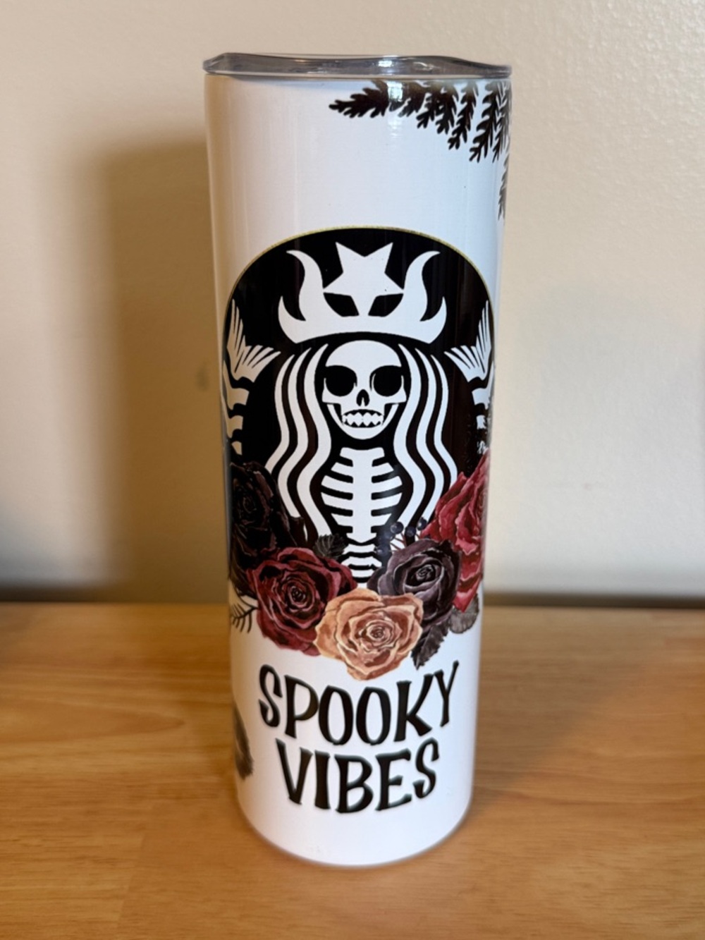 Spooky Vibes Stainless Steel Tumbler - Black & White with Rose Accents
